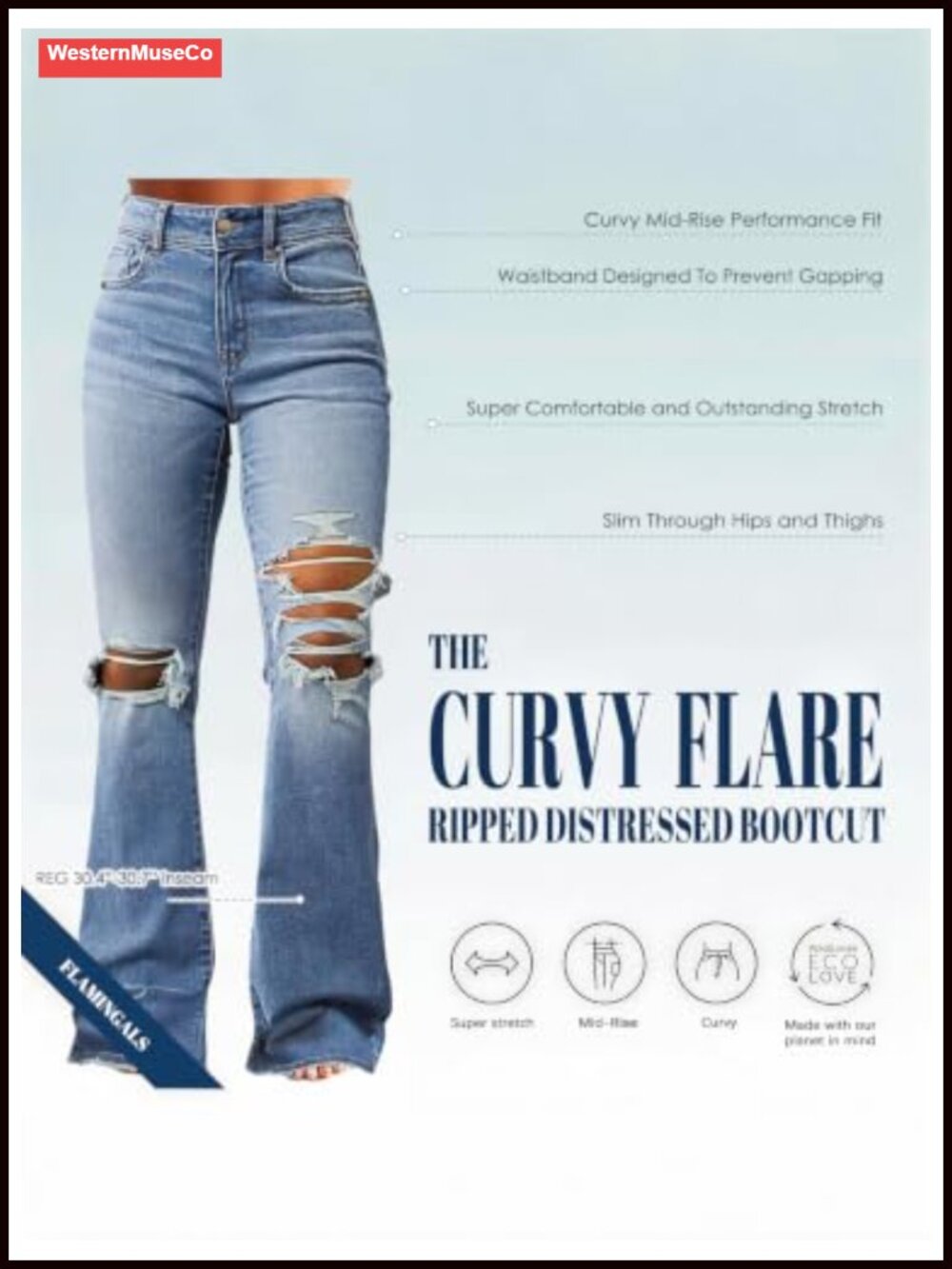 Mid Rise Flare Bootcut Ripped Distressed Stretch Denim Jeans - Picture 3 of 4